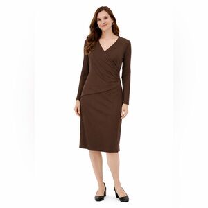 Talbots Ribbed Crossover Brown Dress V Neck Bodycon Size 10 Petite long sleeve